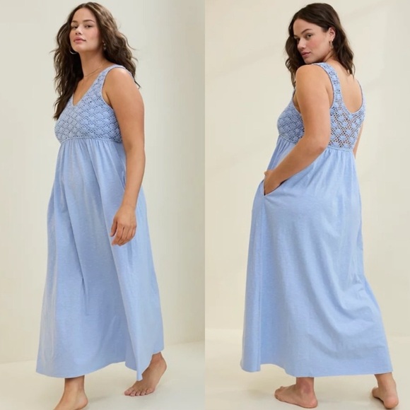 aerie Dresses & Skirts - Aerie Crochet Maxi Dress Ocean Sky 100% Cotton Pockets Summer Pool Size Medium